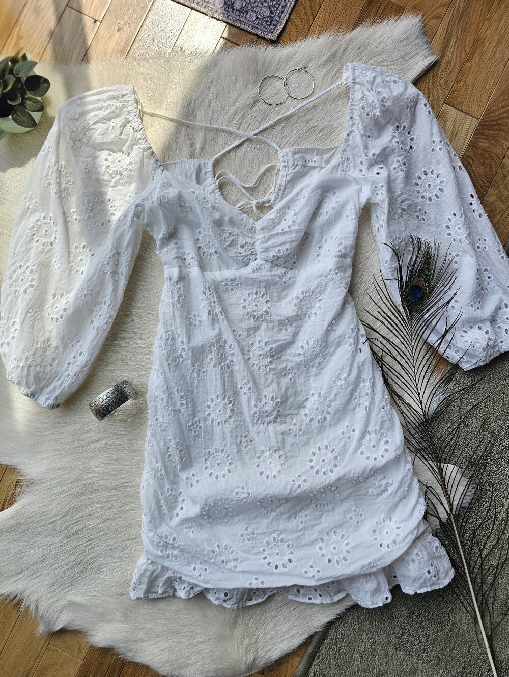 Lush Parisian Eyelet Puff Sleeve Strappy Backless Mini Dress